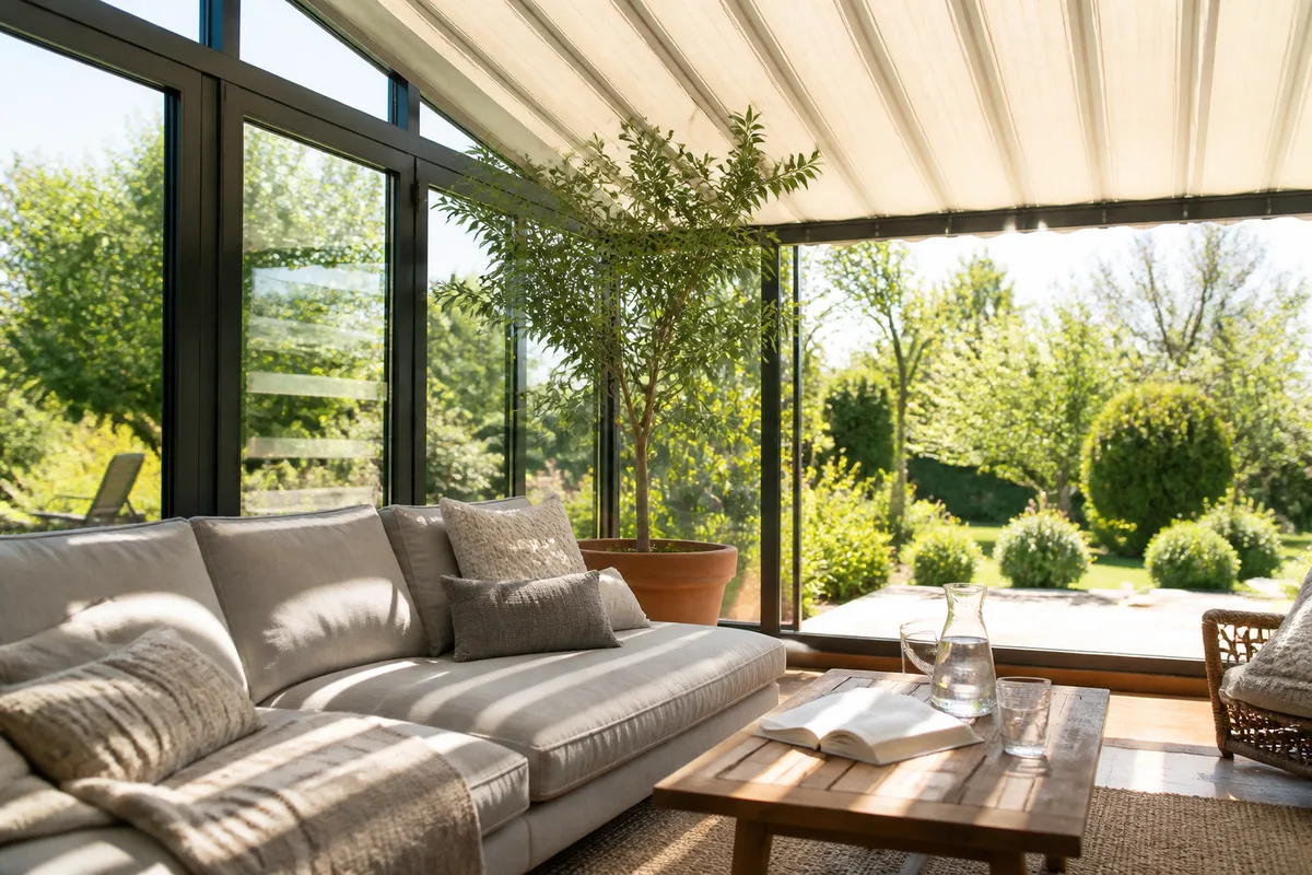 Salon de véranda meublé avec store de toiture déployé filtrant le soleil