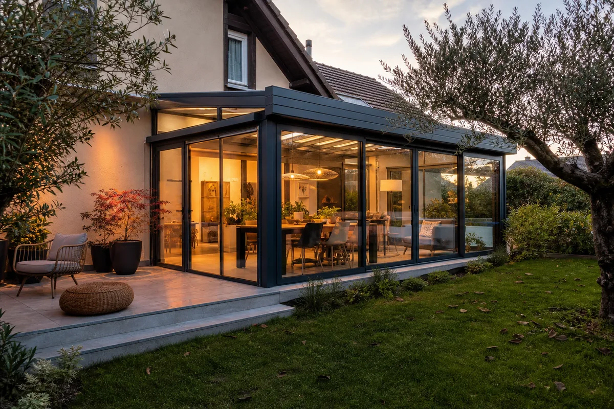 Extension vitrée habitable prolongeant une maison individuelle vers le jardin
