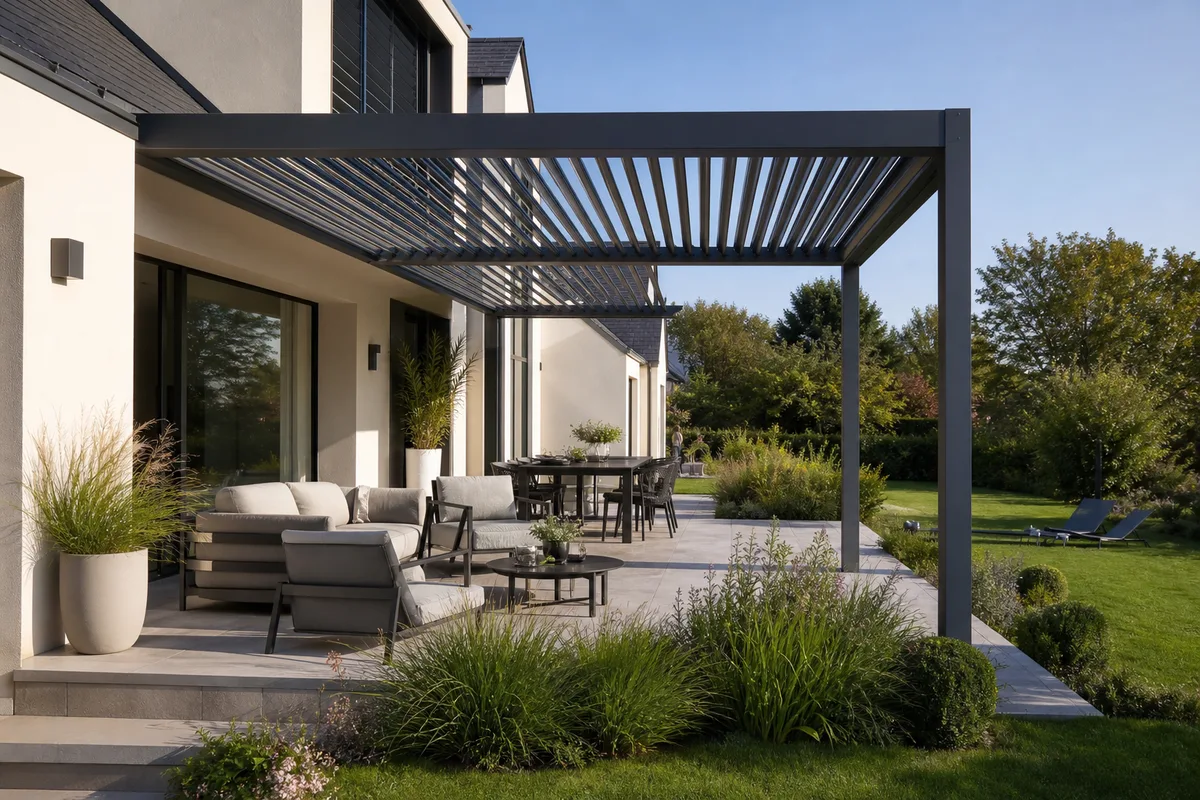 Pergola bioclimatique à lames orientables au-dessus d’une terrasse aménagée