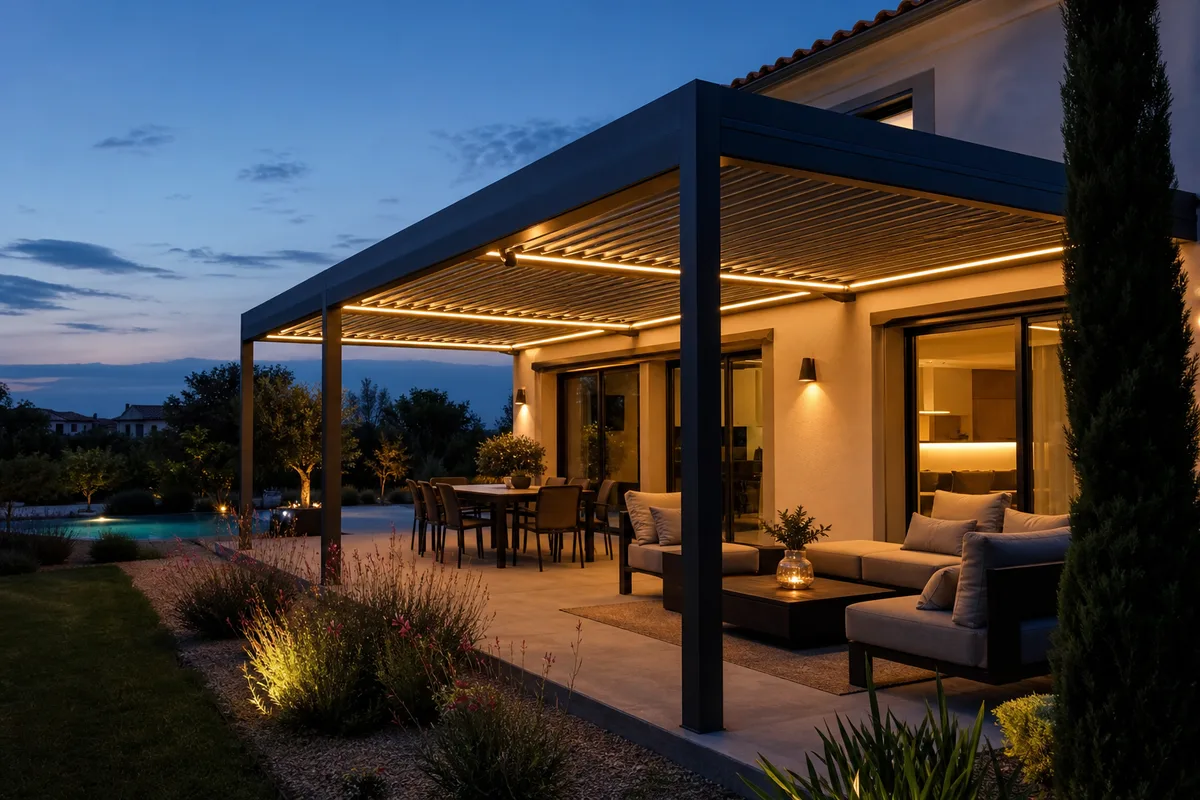 Terrasse abritée par une pergola bioclimatique avec éclairage LED intégré le soir