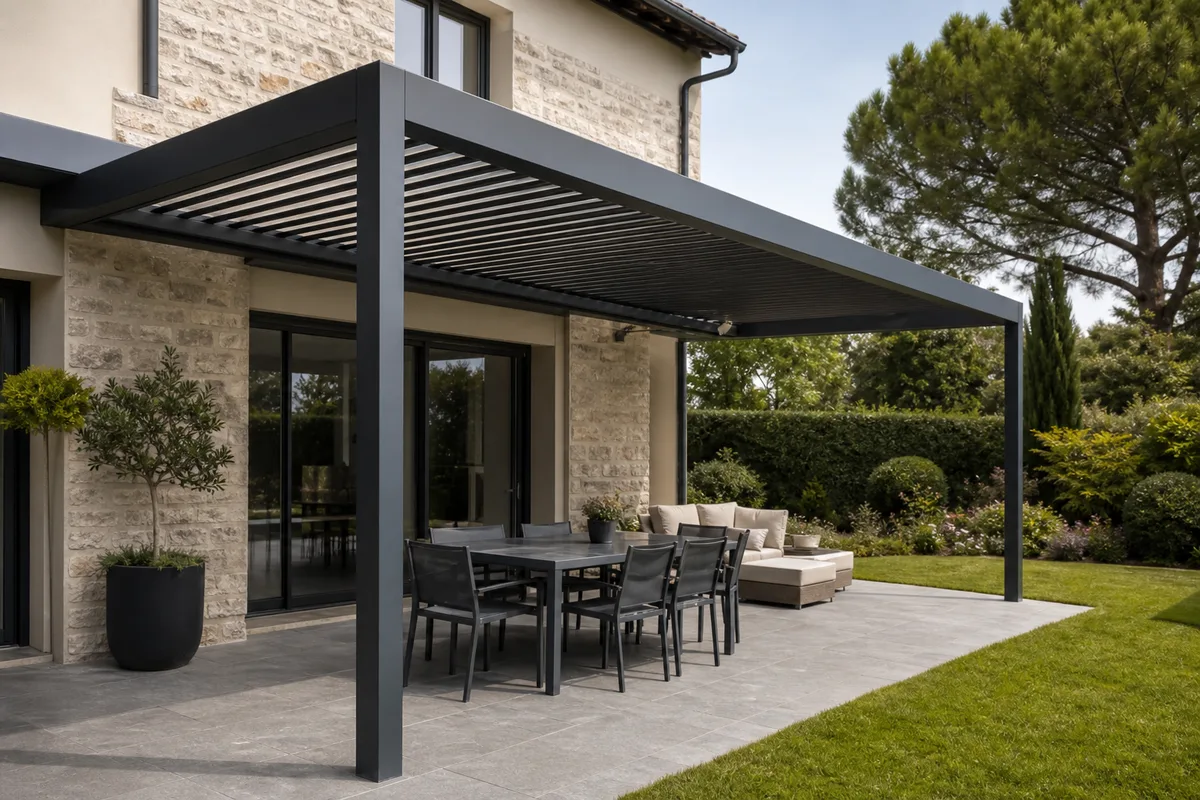 Pergola en aluminium adossée à une maison au-dessus d&rsquo;une terrasse