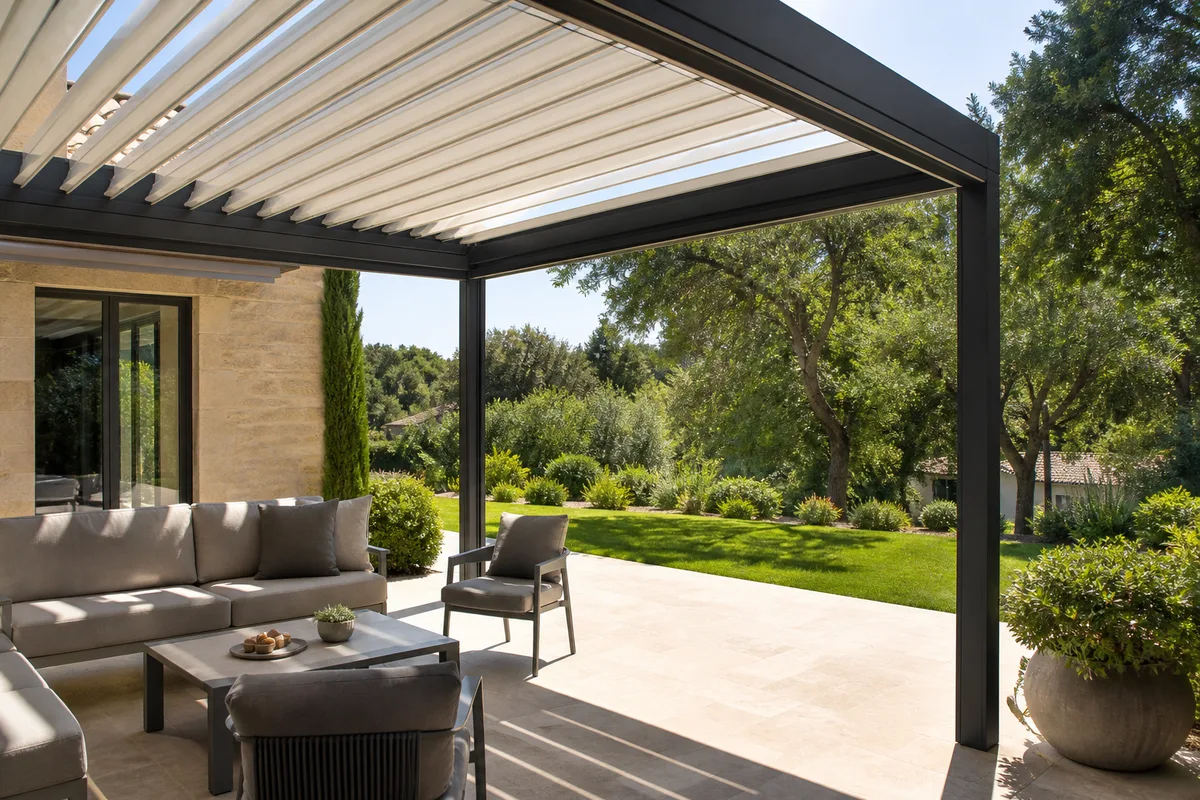 Pergola bioclimatique à lames orientables ouverte sur un jardin ensoleillé