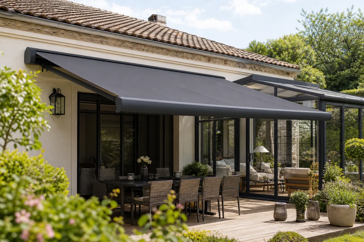 Store banne à coffre déployé au-dessus d’une terrasse de maison