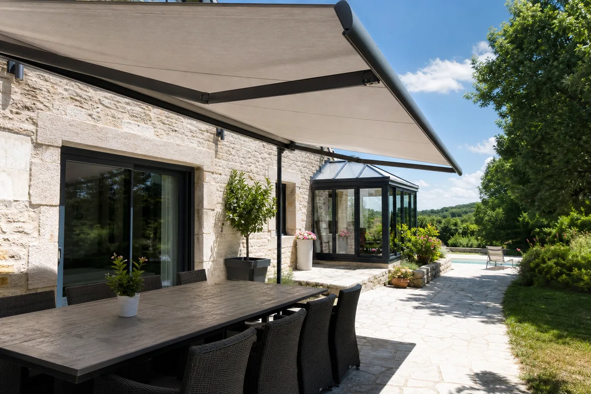 Toile de store banne acrylique protégeant une terrasse du soleil d’été