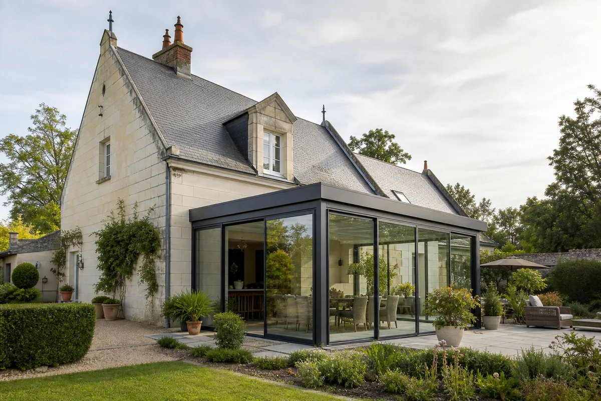 Véranda contemporaine intégrée à une maison ligérienne en tuffeau et ardoise