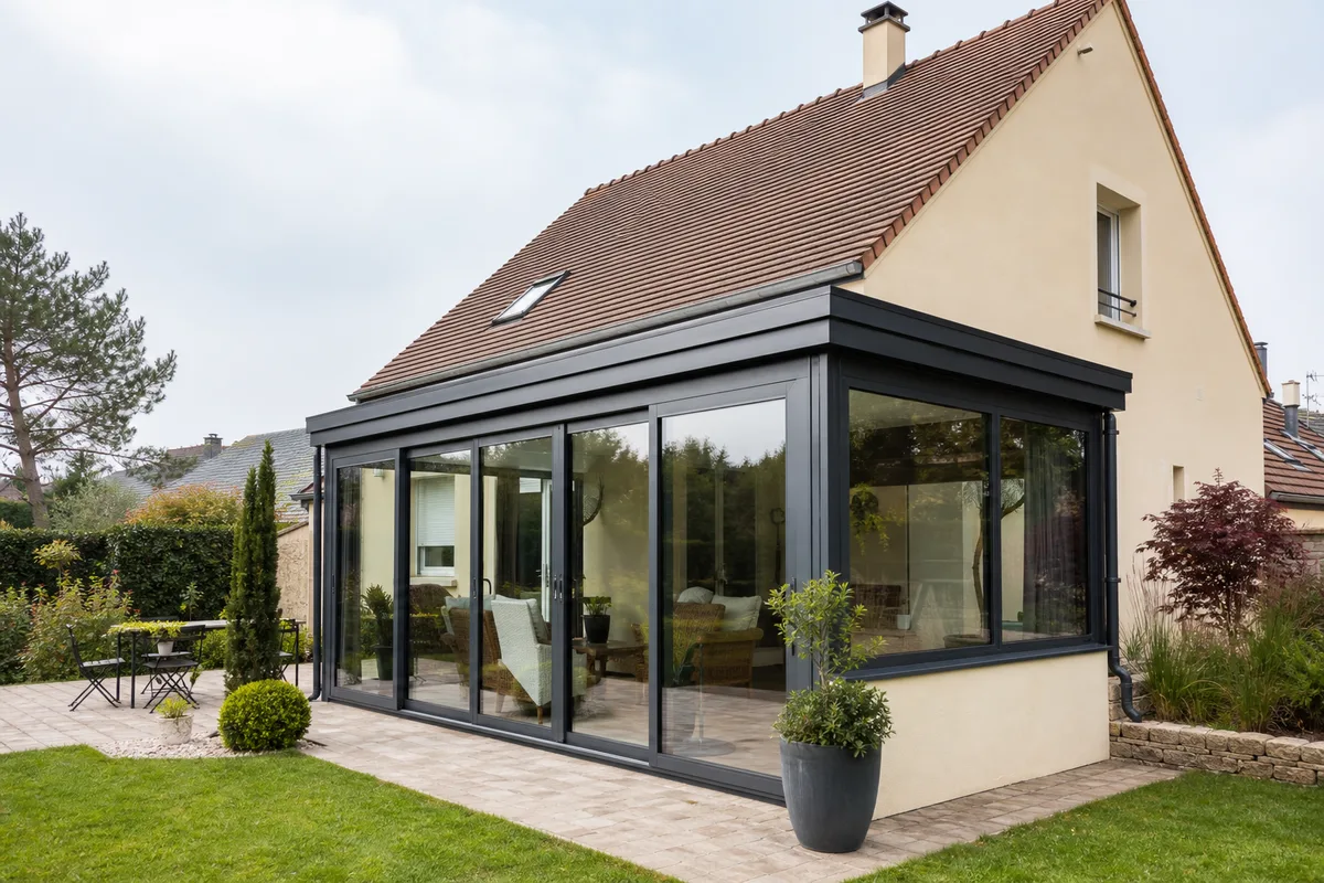 Véranda aluminium contemporaine ajoutée à un pavillon de la région mancelle