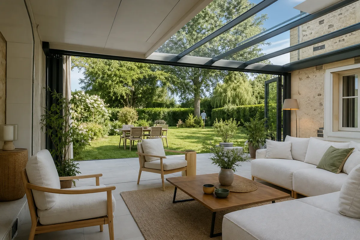 Véranda habitable meublée en pièce à vivre ouverte sur un jardin sarthois