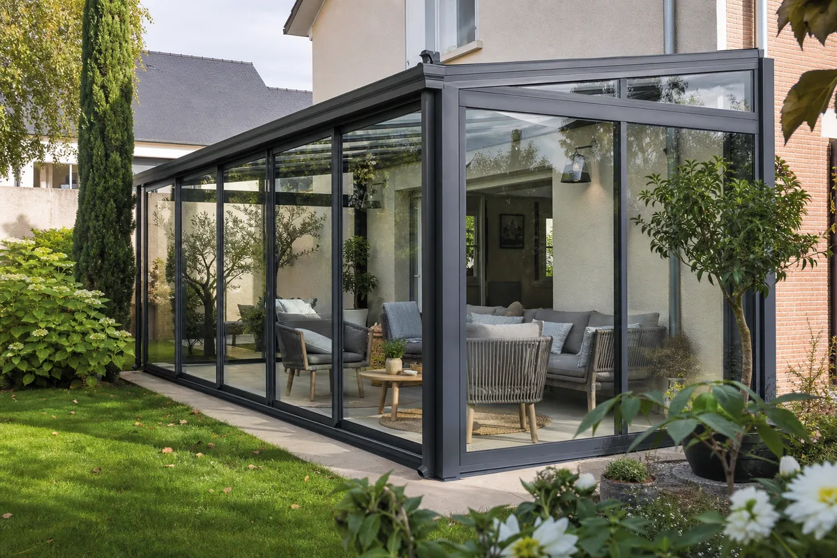 Véranda en aluminium adossée à une maison avec vue sur le jardin