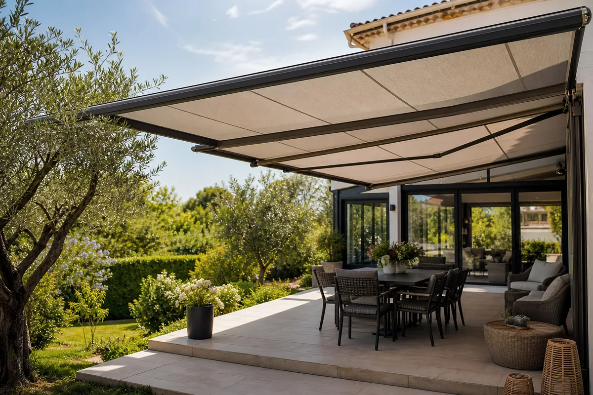 Store banne déployé au-dessus d’une terrasse ombragée en été